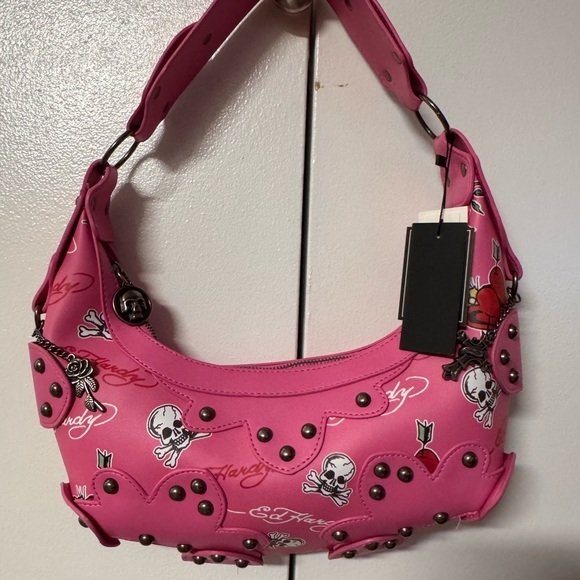 Ed Hardy Handbags - Ed Hardy Hot Pink Skull & Heart Studded Shoulder Bag